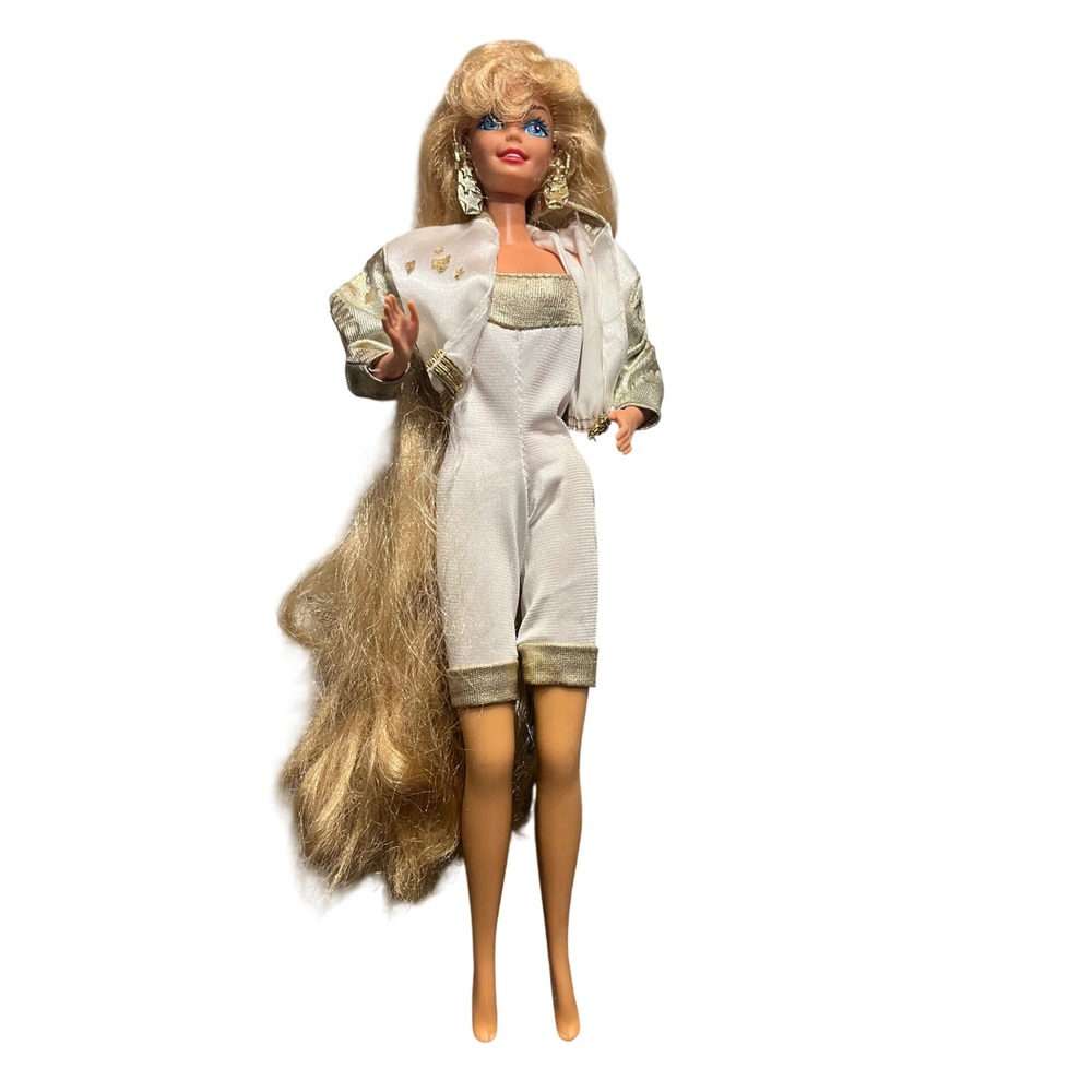 Vintage Mattel Hollywood Hair Barbie Doll Blonde Long Hair Gold White Outfit